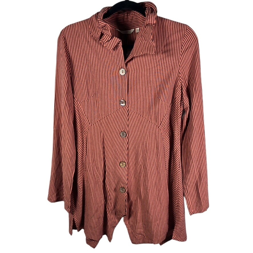 Soft Surroundings Sasha Shirt Navy Coral Stripe Button Up Viscose Women's Small